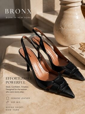 BRONX Black Leather Slingback Pointed Toe Heels
